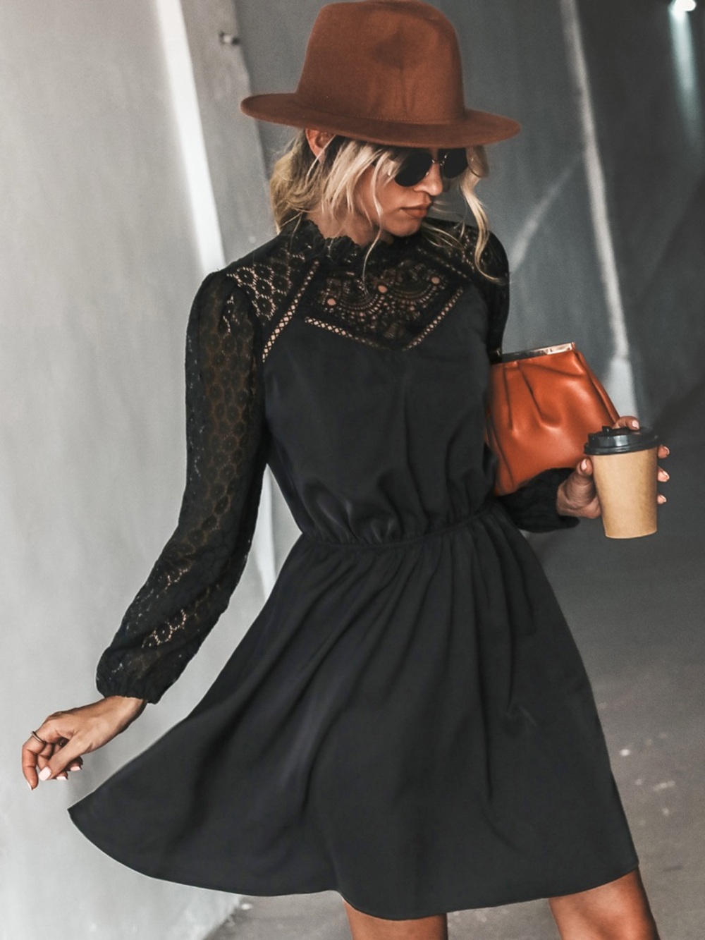 Cupshe Black Lace-Sleeve A-Line Mini Dress